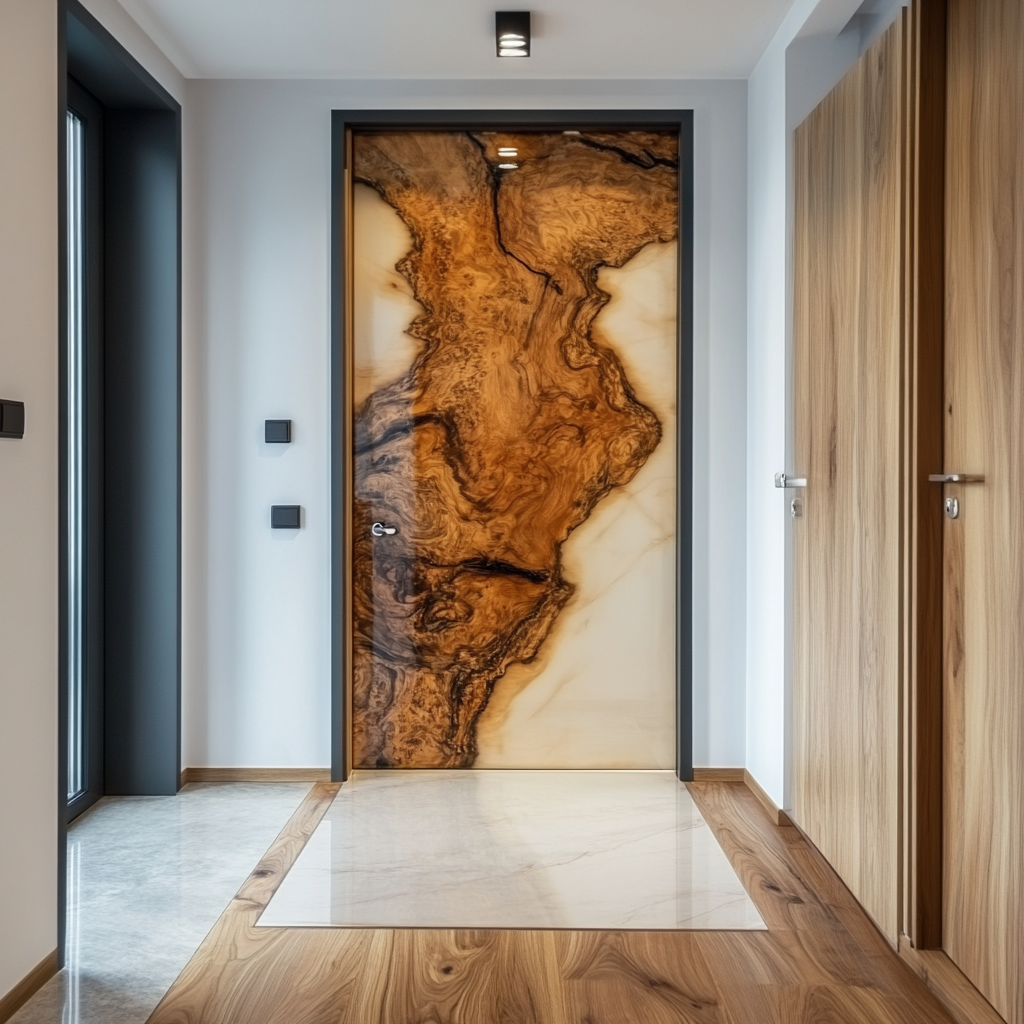 Doors from white color epoxy and slab wood